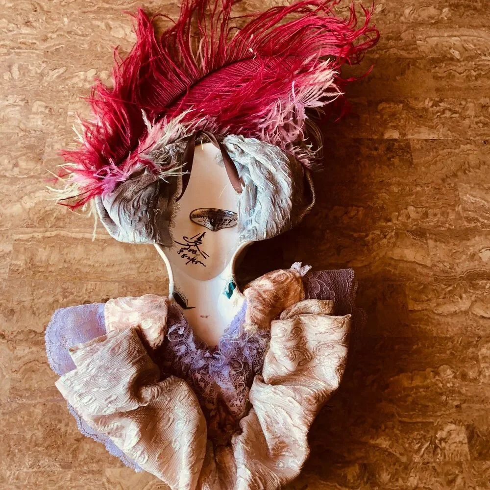 Vintage Unique Creations SF Porcelain Woman Bust Wall Mask Feather Victorian
